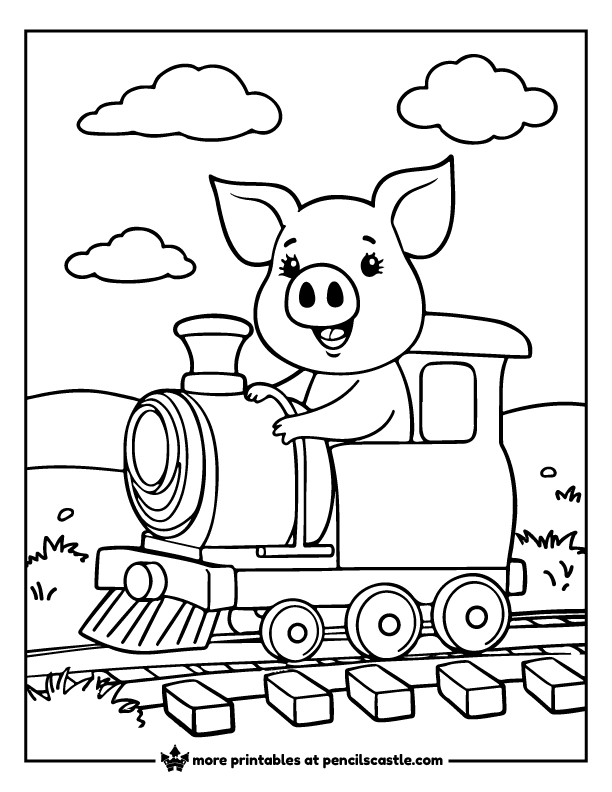 pig sitting in a small train on a railroad with hills and clouds coloring page