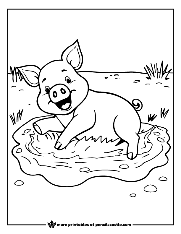 smiling pig lying down and playing in a muddy puddle coloring page