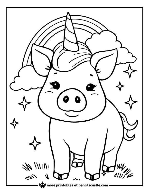 pig with a unicorn horn under a rainbow with clouds and stars coloring page