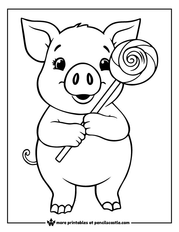 cute pig holding a swirly lollipop coloring page