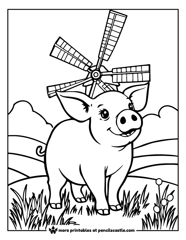 pig standing in a grassy field with a windmill and hills coloring page