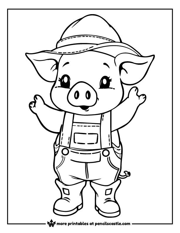 pig wearing overalls, boots, and a farmer hat coloring page