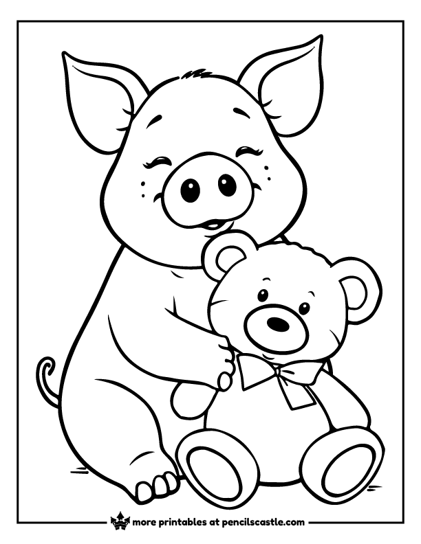 cute pig sitting and hugging a teddy bear coloring sheet