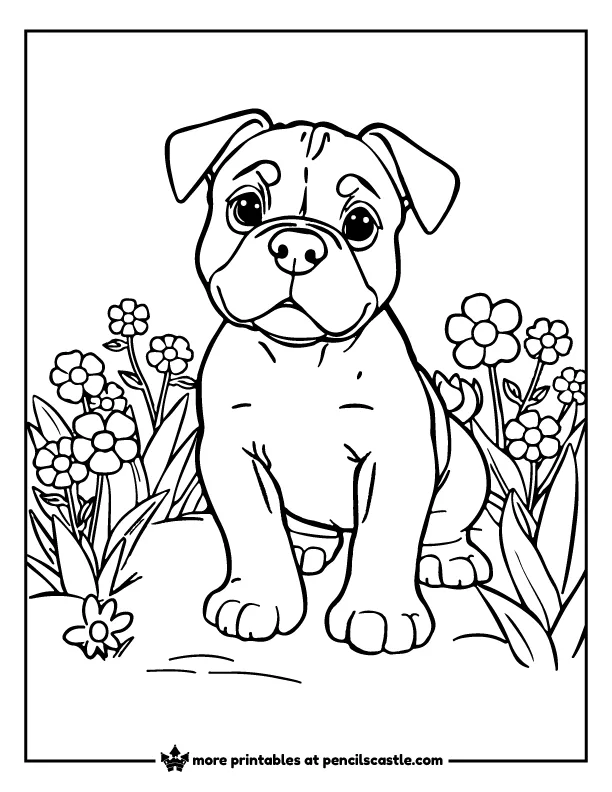 Pitbull puppy sitting in a garden with flowers coloring page
