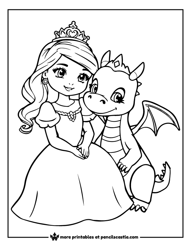 Princess standing beside a friendly dragon coloring page