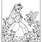 Princess meeting a fairy surrounded by flowers coloring sheet