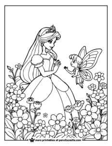 Princess meeting a fairy surrounded by flowers coloring sheet