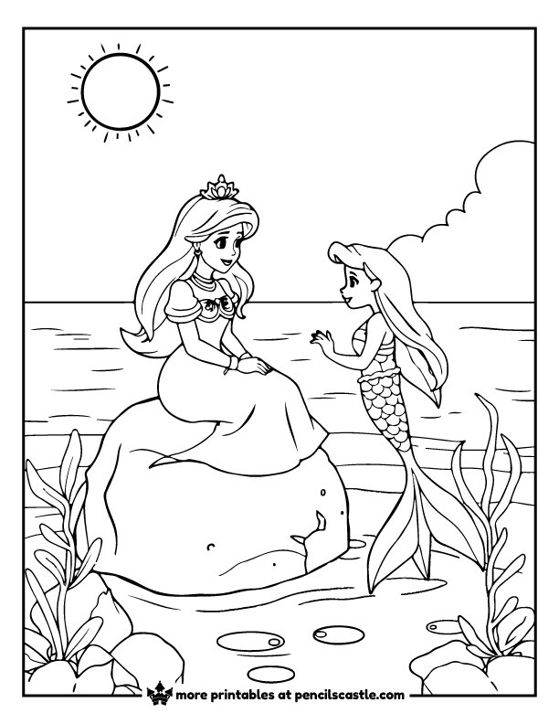 Princess sitting on a rock next to her mermaid friend near the beach coloring sheet