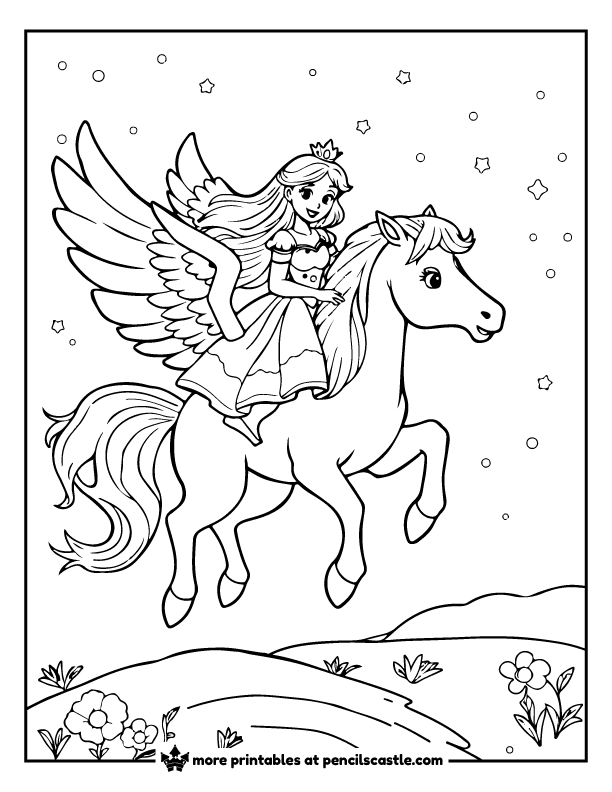 Princess riding a Pegasus through the stars coloring sheet