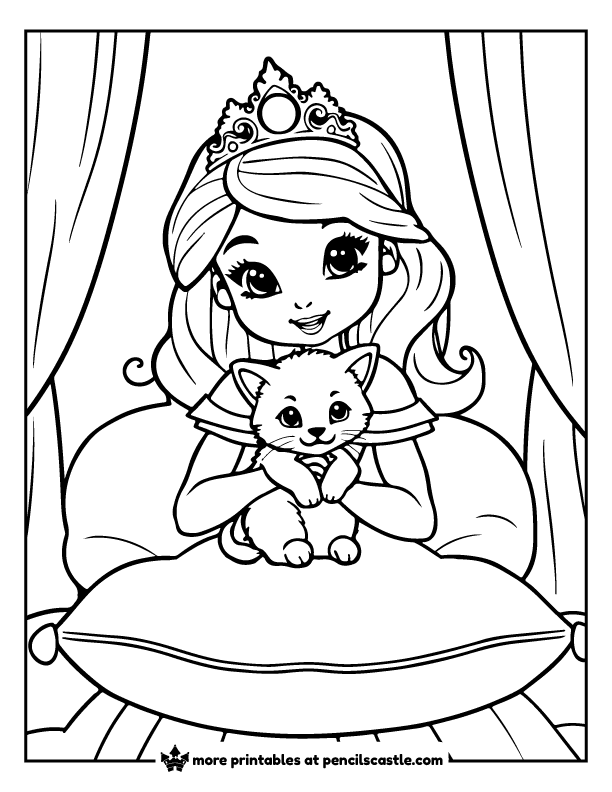 Princess holding her kitten on a cushion coloring page