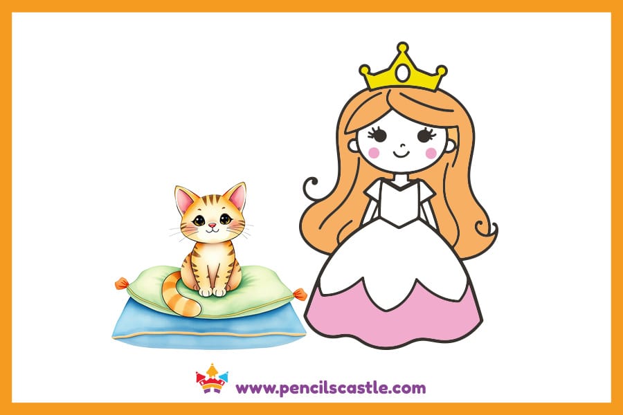 princess drawing near a cat sitting on cushions
