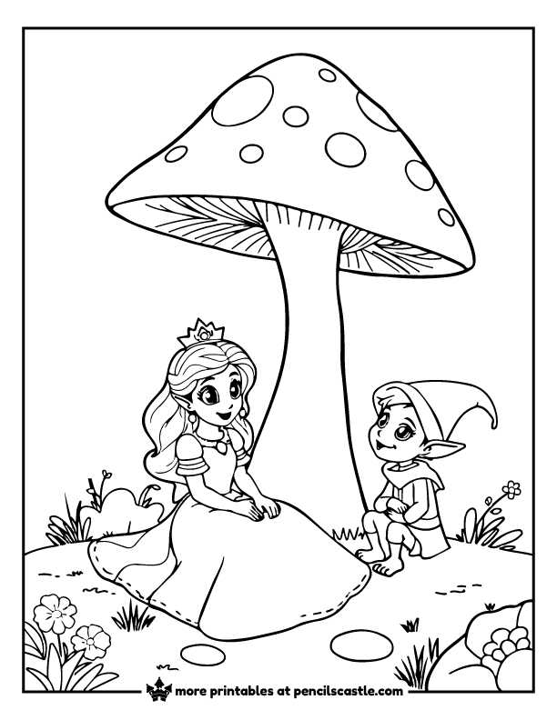 Princess and elf sitting by a giant mushroom coloring page