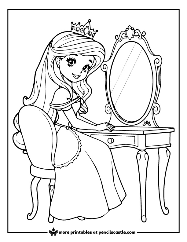 Princess sitting at her vanity with a mirror coloring page