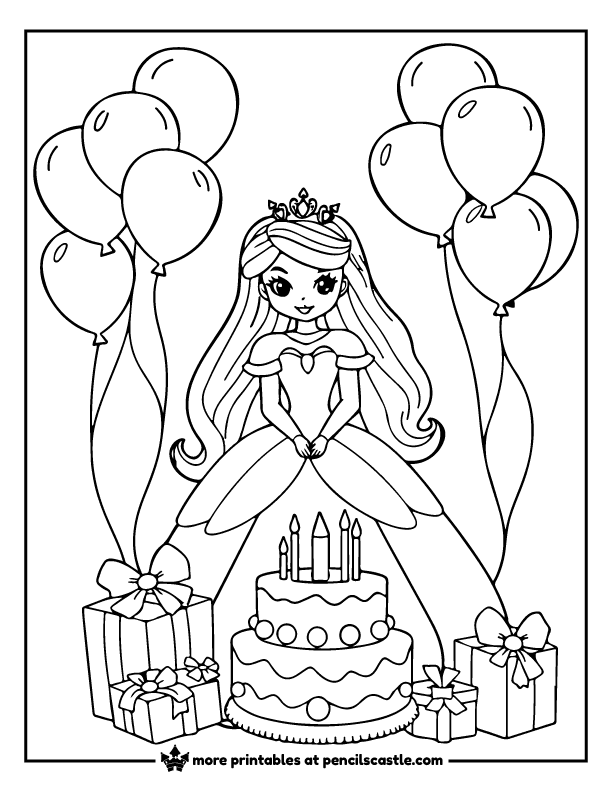 Princess surrounded by balloons, a cake, and birthday gifts coloring page