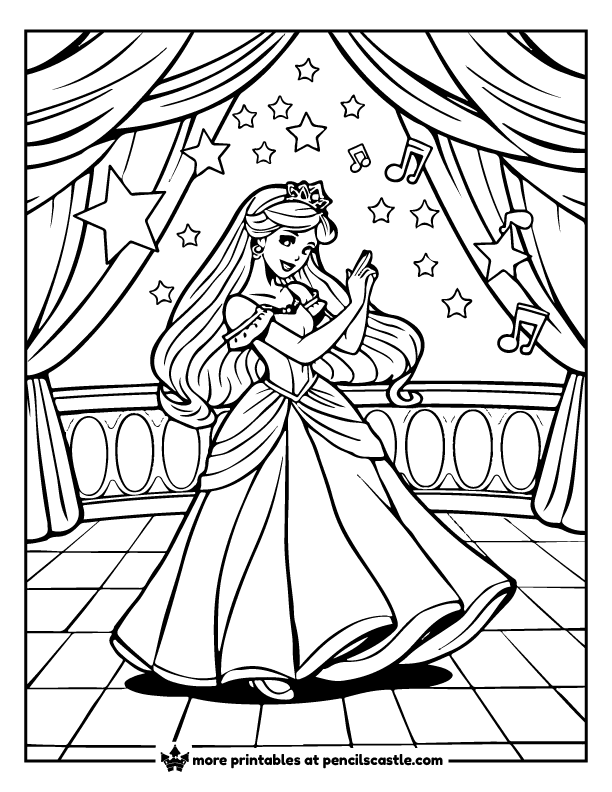 Princess dancing in a ballroom with stars and music notes coloring sheet