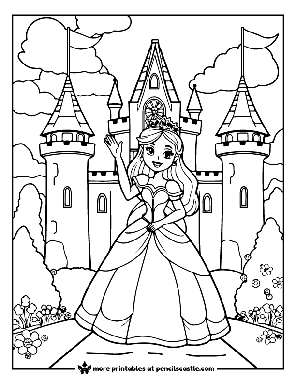 princess standing in front of of a royal castle, waving happily coloring page