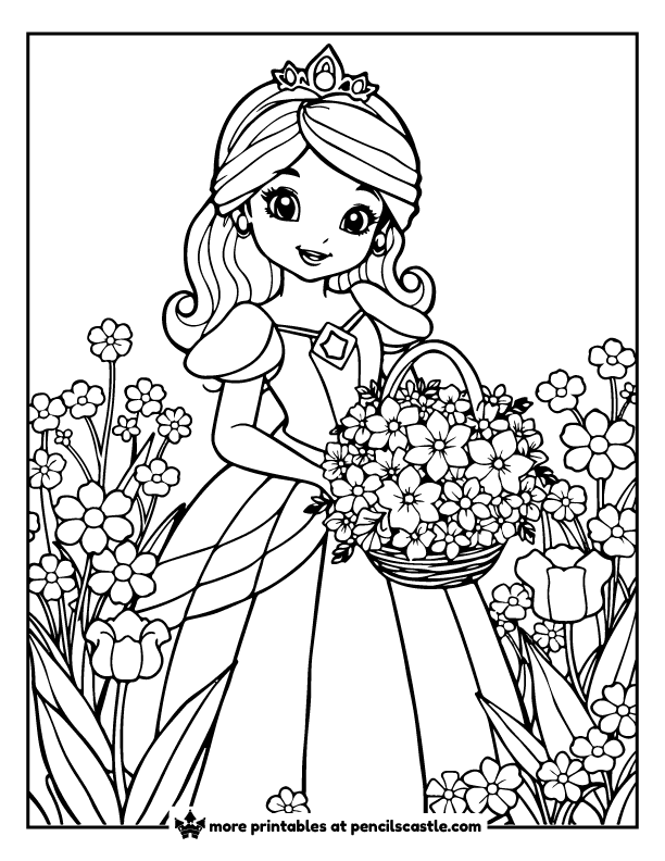princess in a flower-filled garden holding a basket of blooms coloring page