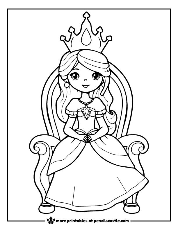 princess sitting on a throne wearing her crown and royal robe coloring sheet