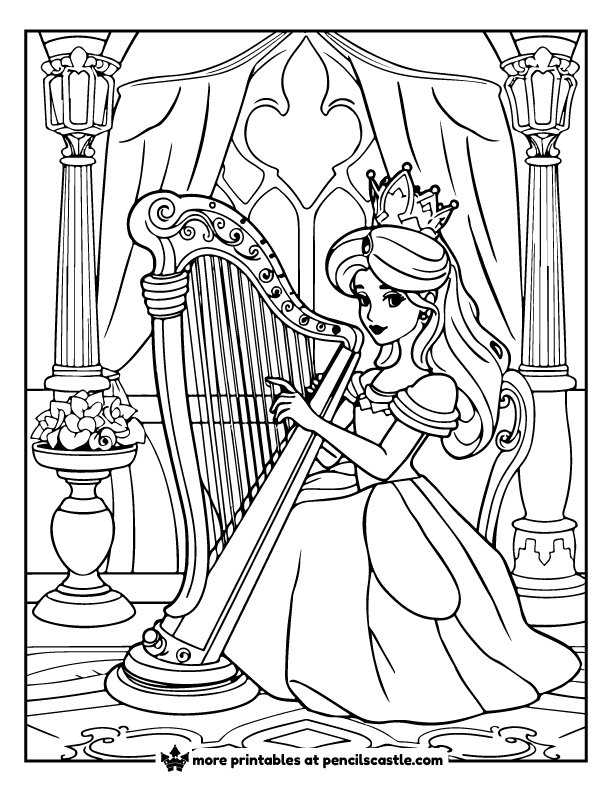 princess sitting and playing a harp inside a royal room coloring page