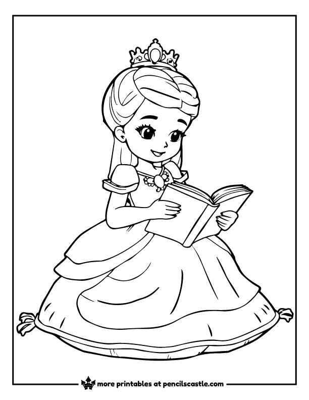 Princess reading a book on a cushion coloring page