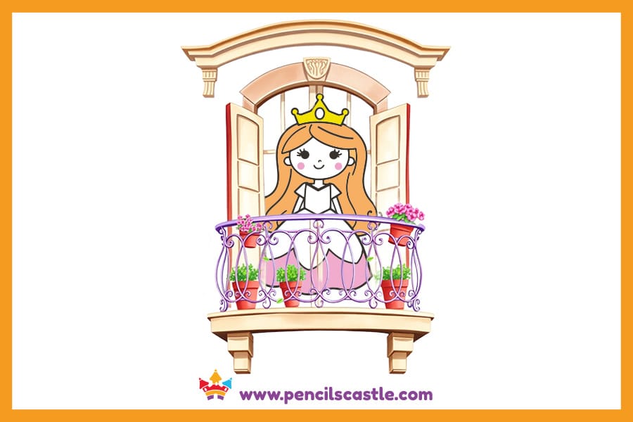 princess drawing standing on a balcony