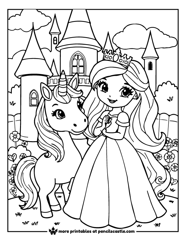 Princess standing next to a unicorn friend in front of a castle coloring page
