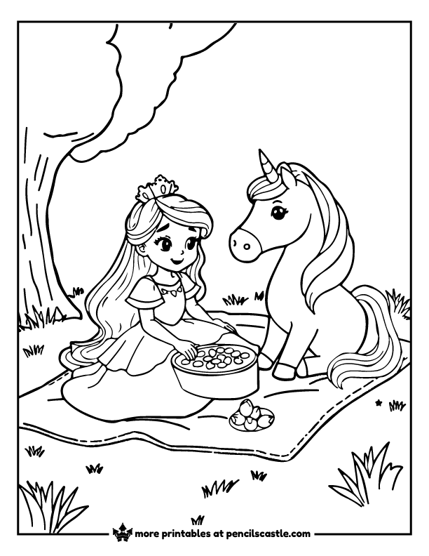 Princess having a picnic on a blanket with her unicorn friend coloring sheet
