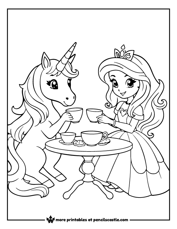 princess and a unicorn sitting on a table with teacups and cookies coloring page
