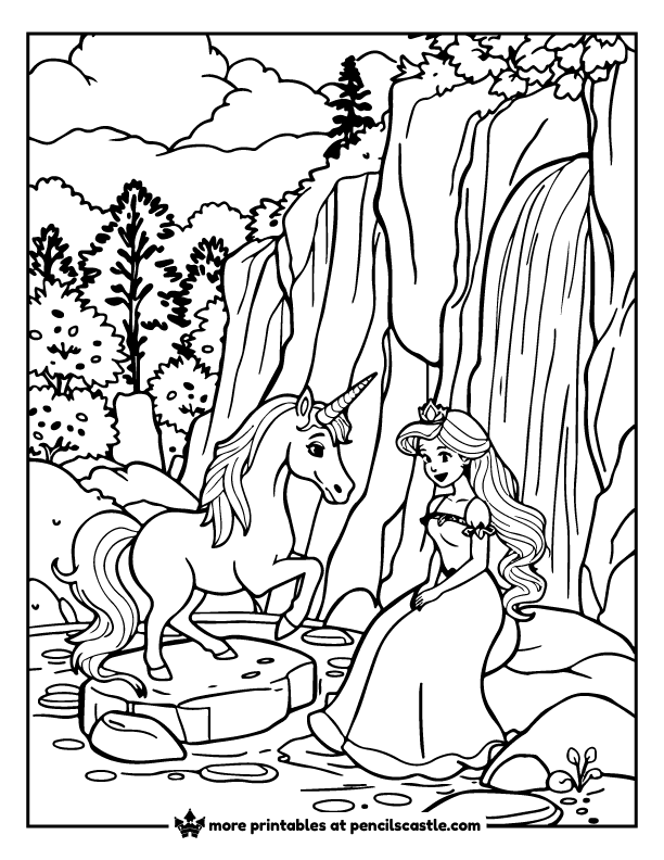princess and a unicorn relaxing by a waterfall coloring page