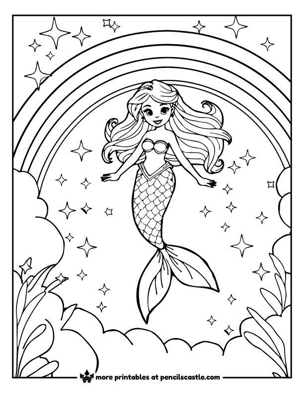 mermaid gliding down a rainbow with sparkles all around coloring page