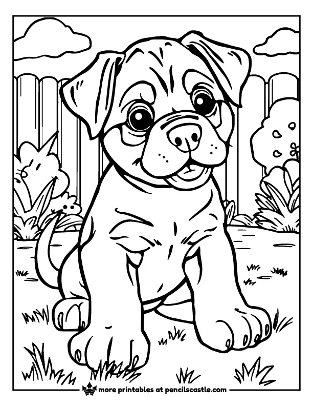 Rottweiler puppy sitting in a backyard coloring sheet