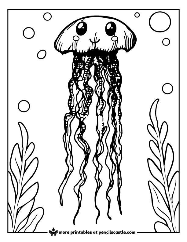 Sea Nettle jellyfish floating among seaweed coloring page