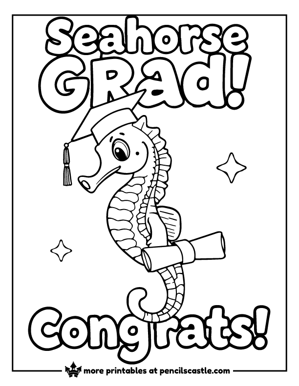 Seahorse wearing a graduation cap and holding a diploma, with the words "Seahorse Grad! Congrats!" coloring page