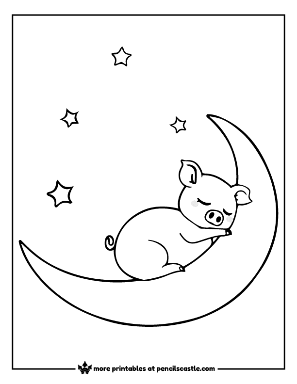 cute pig sleeping on a crescent moon with stars coloring sheet