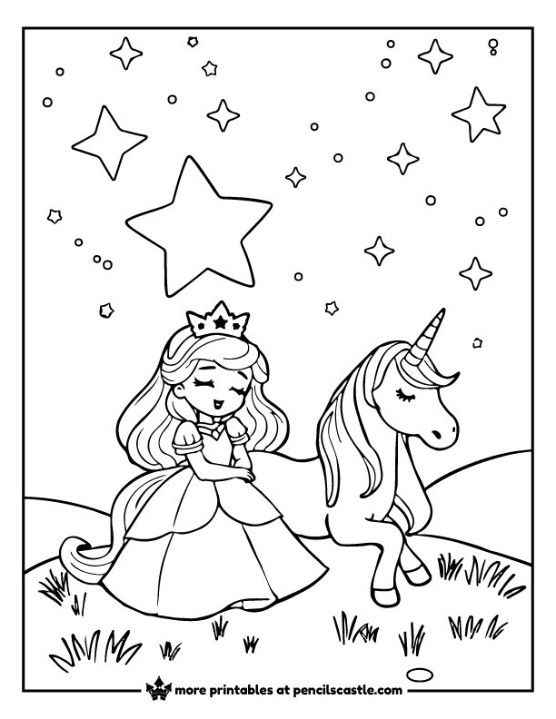 Princess and unicorn napping under a starry sky coloring page
