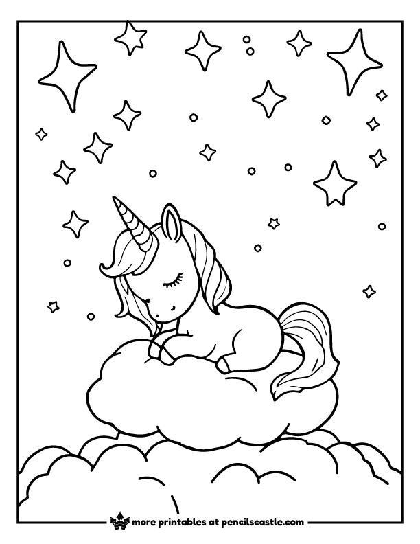 cute unicorn napping on a fluffy cloud under the stars coloring page