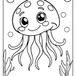 Smiling jellyfish with big cartoon eyes coloring page