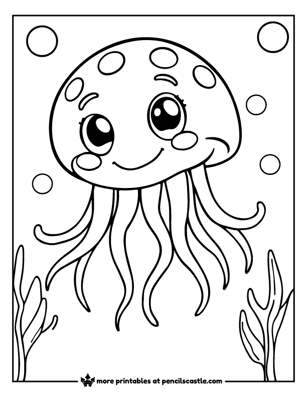 Smiling jellyfish with big cartoon eyes coloring page