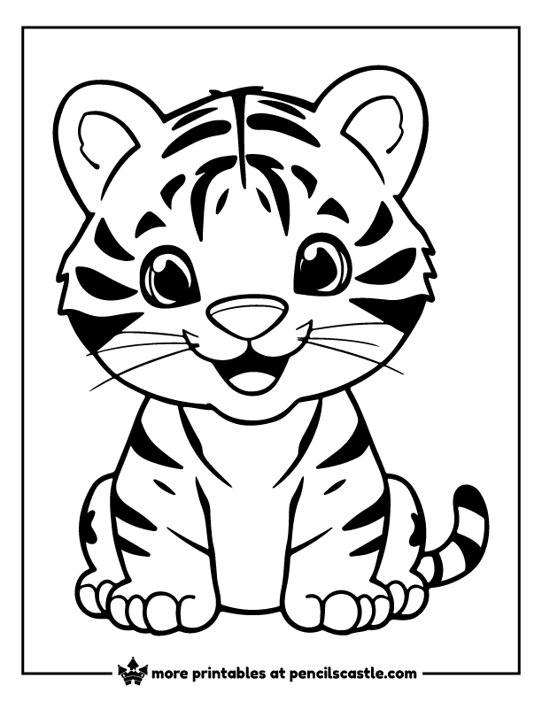 Easy, cute tiger cub sitting and looking friendly coloring page