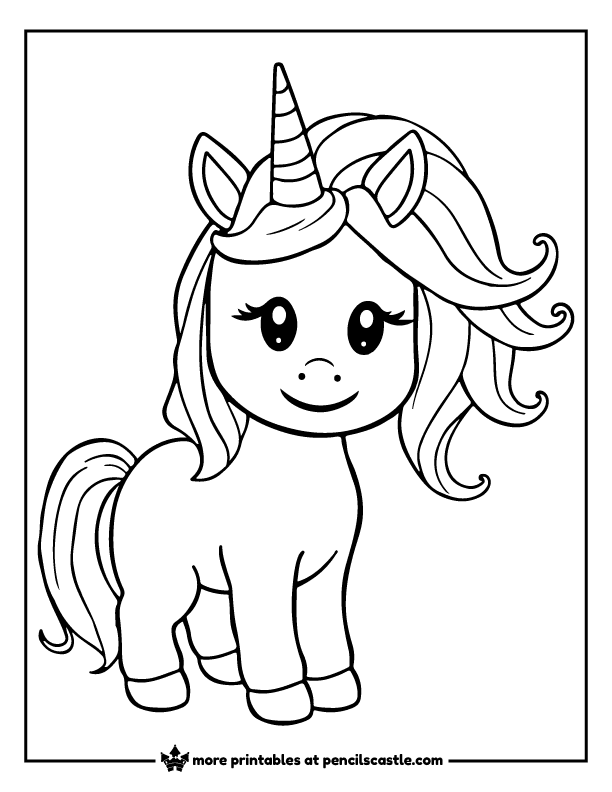 cute unicorn with a happy face and a big mane coloring page