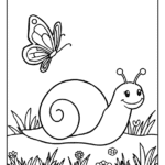 Cute snail crawling across a garden under a butterfly coloring sheet