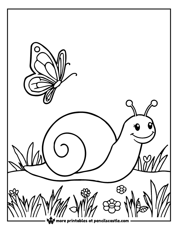 Cute snail crawling across a garden under a butterfly coloring sheet