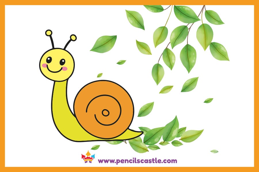 Snail drawing crawling on green leaves