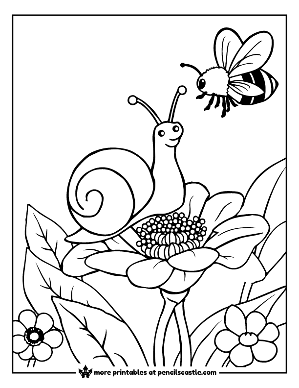 Snail perched on a flower next to a buzzing bee coloring page
