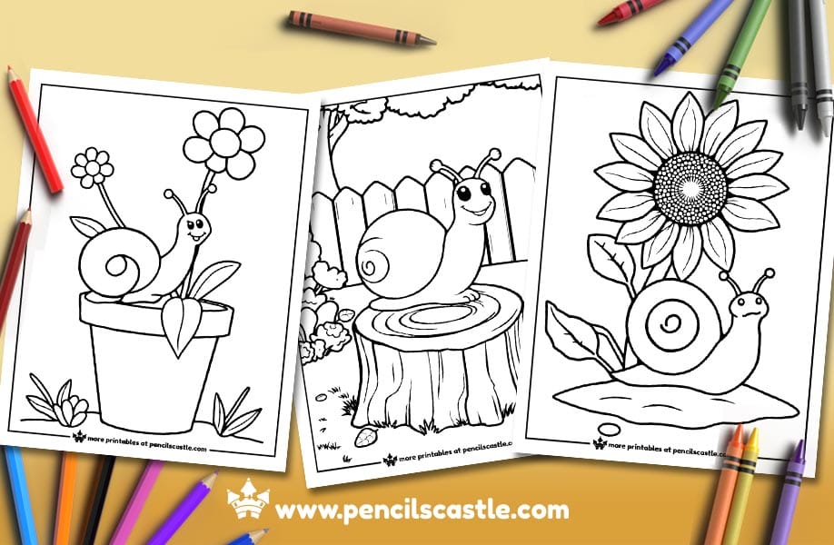three snail coloring pages with pencils and crayons on a beige background