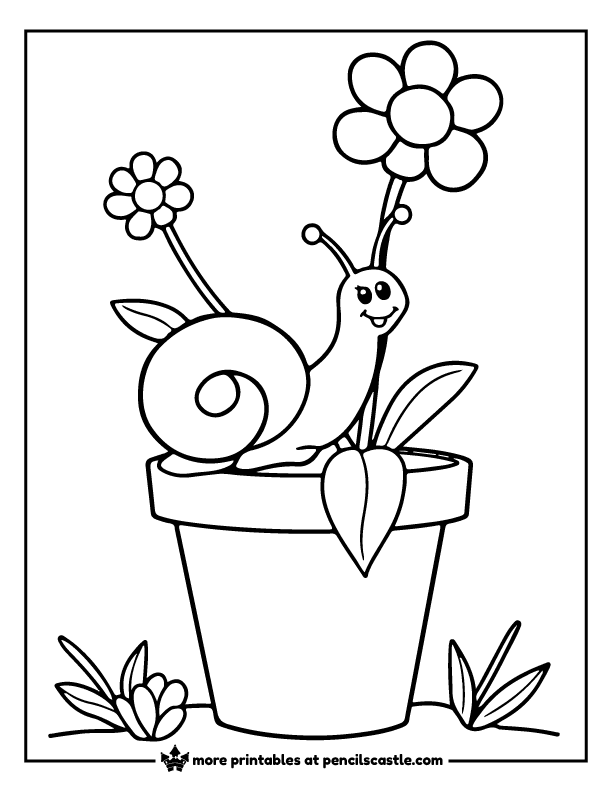 snail crawling on a flower pot coloring sheet