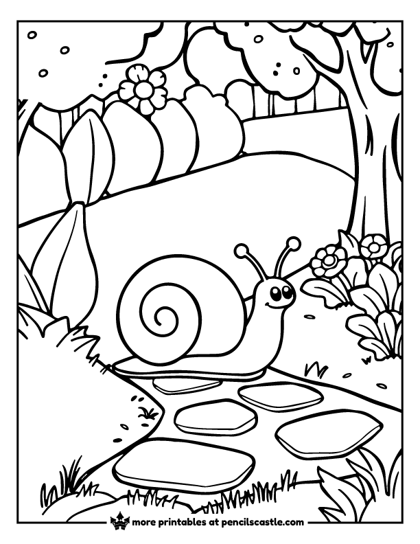 snail crawling across a stone garden walkway coloring page