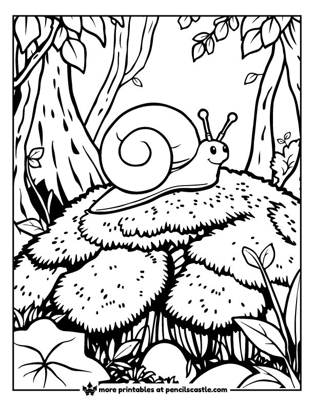 Snail sliding across moss in the forest coloring page