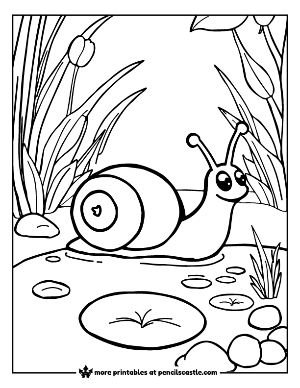 Snail next to a pond with lily pads coloring sheet