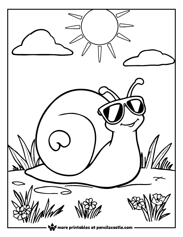 summer snail wearing sunglasses and relaxing under the sun coloring sheet